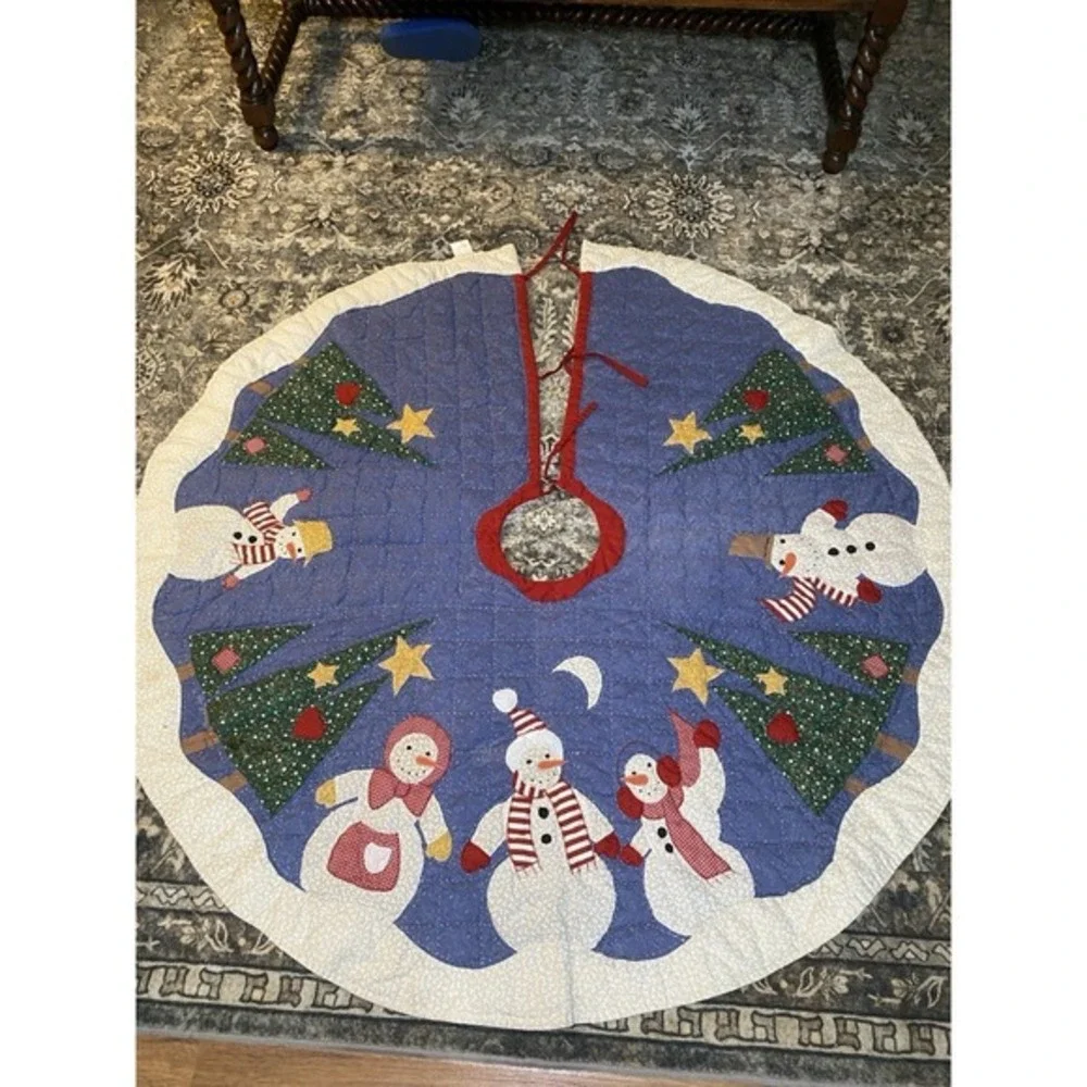 Vintage Quilted Applique‎ Christmas Tree Skirt Snowman Frosty